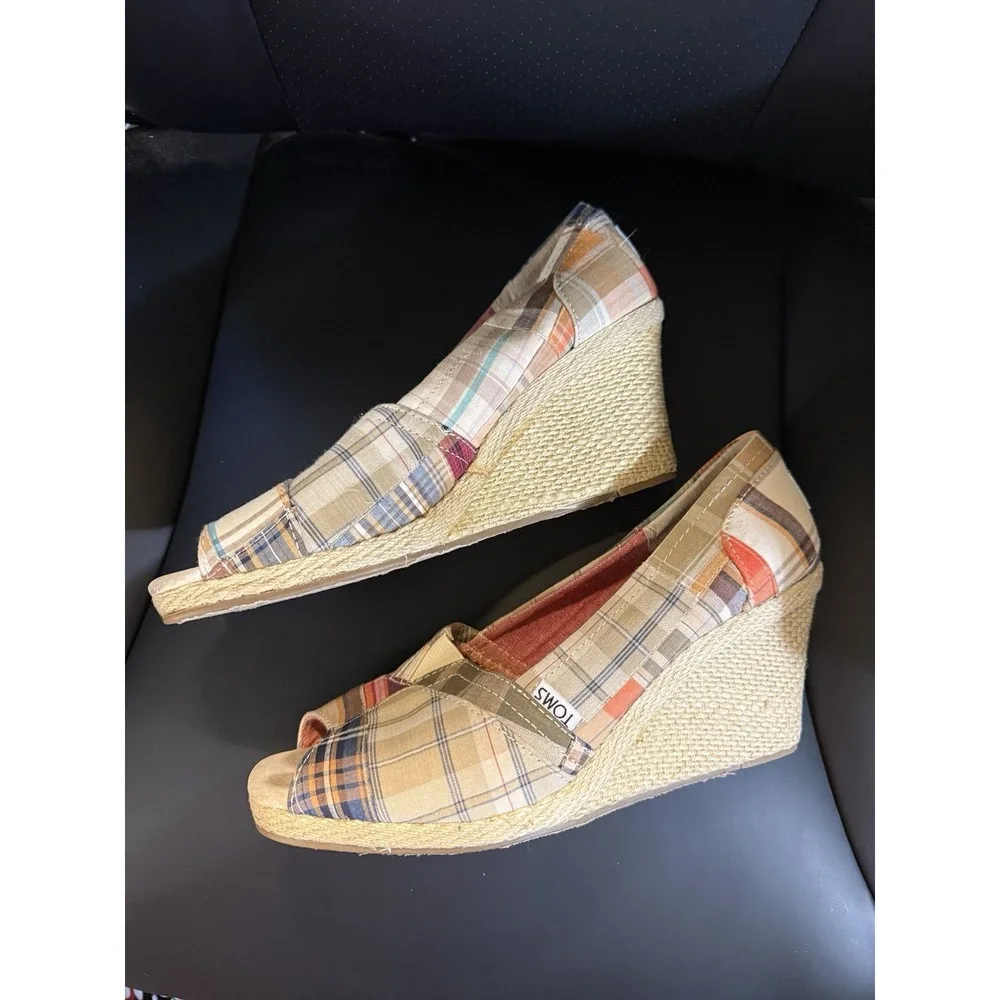 Toms Madras Plaid 10 Patchwork Espadrille Wedge Peep Toe Shoes boho
